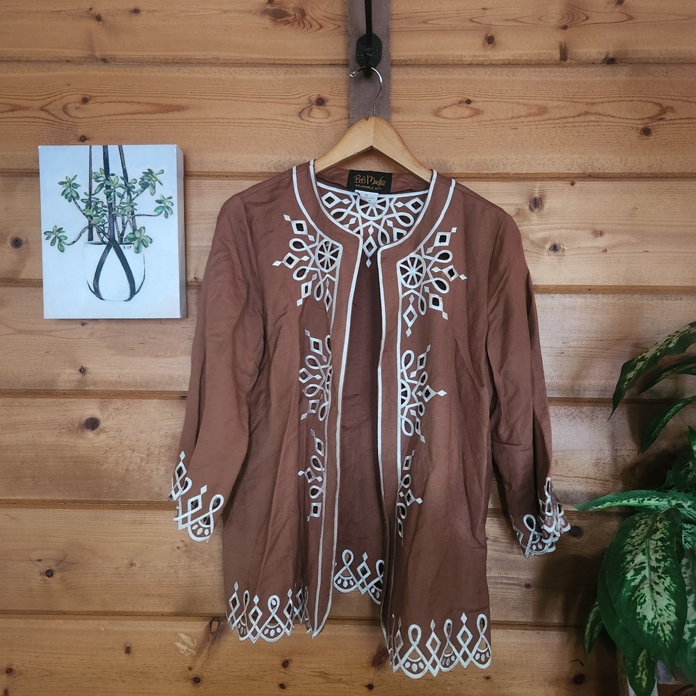 Bob Mackie Wearable Art Jacket Cardigan Embroider 3/4 Sleeve Linen Vintage Sz M